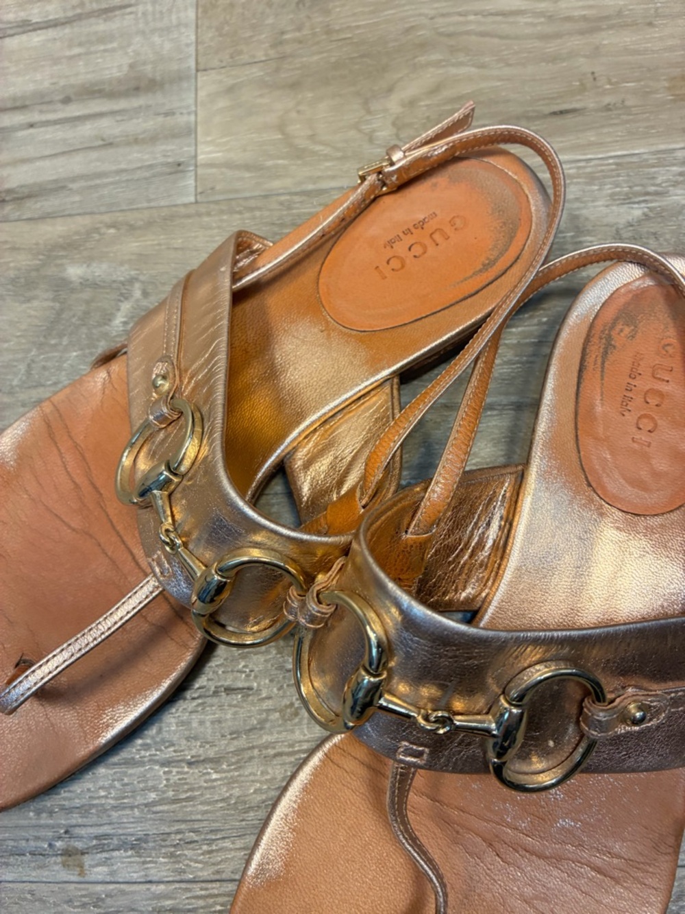 Gucci Italy Horsebit Thong Slingback Rose Gold Sandals - Picture 3 of 15